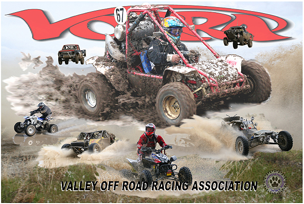 Poster for Valley Off Road Racing showing the many vehicles that race artistically arranged.